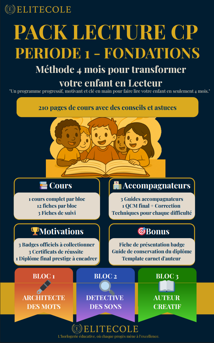Pack Lecture CP Fondation Période 1  - Transformez votre enfant en expert Lecture - Ecriture en 3 mois, contient 3 blocs et 12 fiches d'exercices