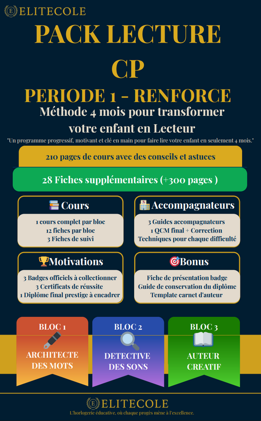 Pack lecture CP renforcé Periode 1 - Transformez votre enfant en expert Lecture-Ecriture en 3 mois, en exclusivité, 28 fiches supplémentaires
